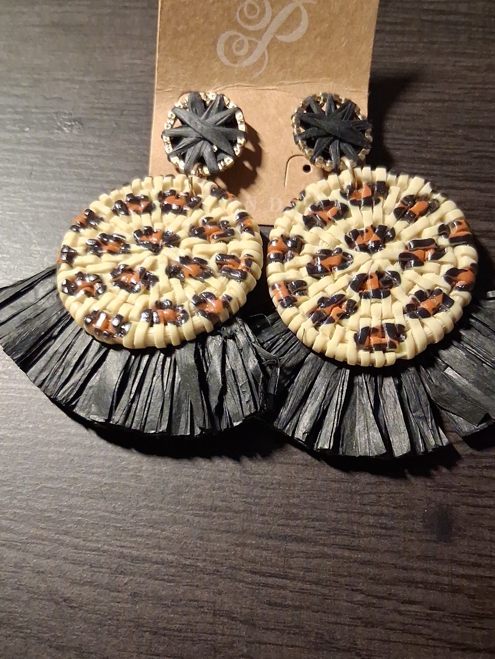 Plunder Black, Cream and Brown Raffia Disc Fringe Earrings